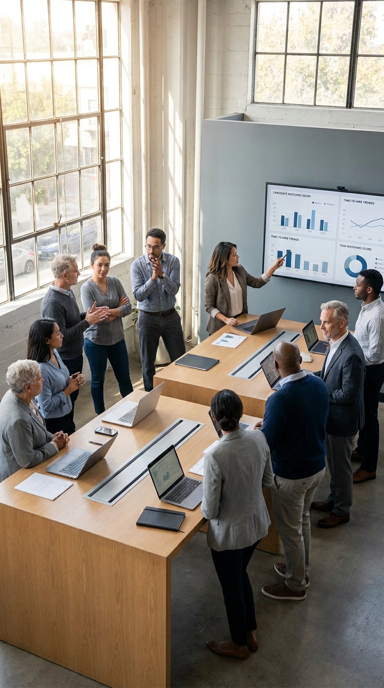 A group of professionals engaged in a business meeting around a large table with laptops and a presentation screen.