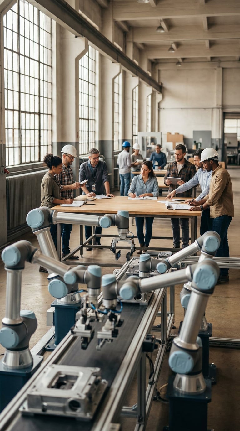 A group of people collaborating in a factory setting with machinery in the foreground.
