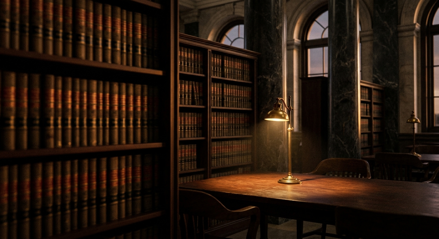 A dimly lit library with wooden bookshelves filled with books and a table lamp illuminating a wooden table.