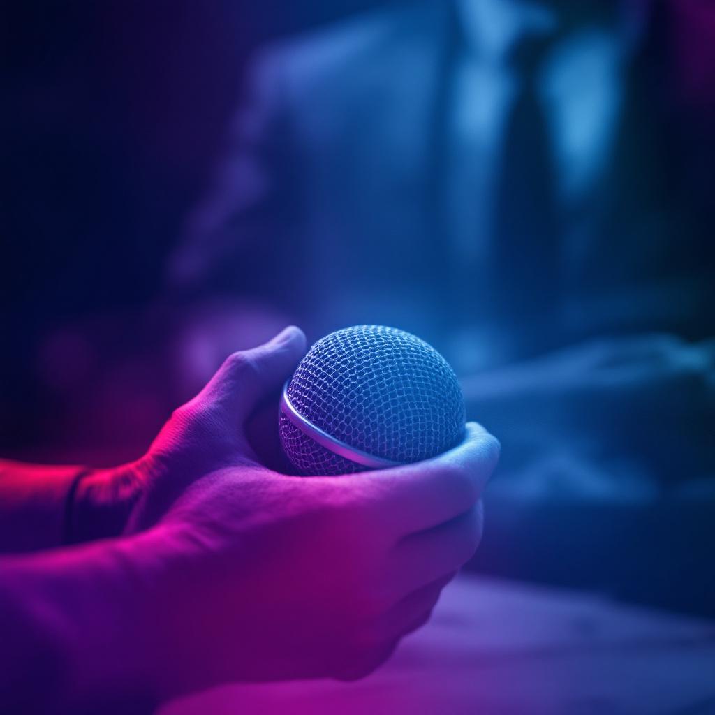 A person holds a microphone in a dimly lit setting.