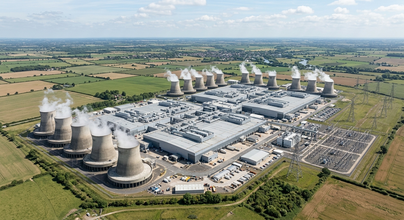 An aerial view of a large industrial facility with cooling towers and green fields surrounding it.