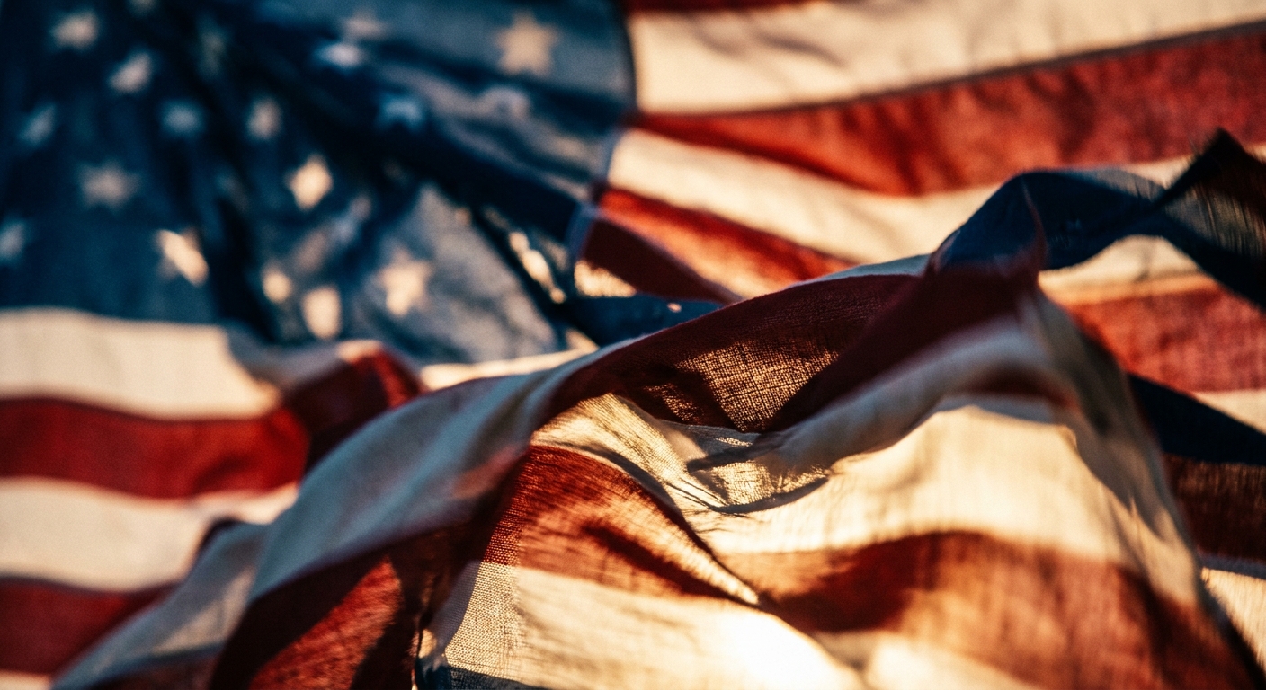 A close-up of a waving American flag with visible texture and colors.
