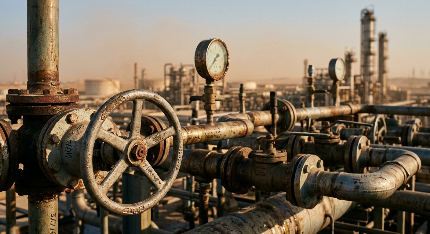 An industrial scene featuring pipes and gauges at a facility.