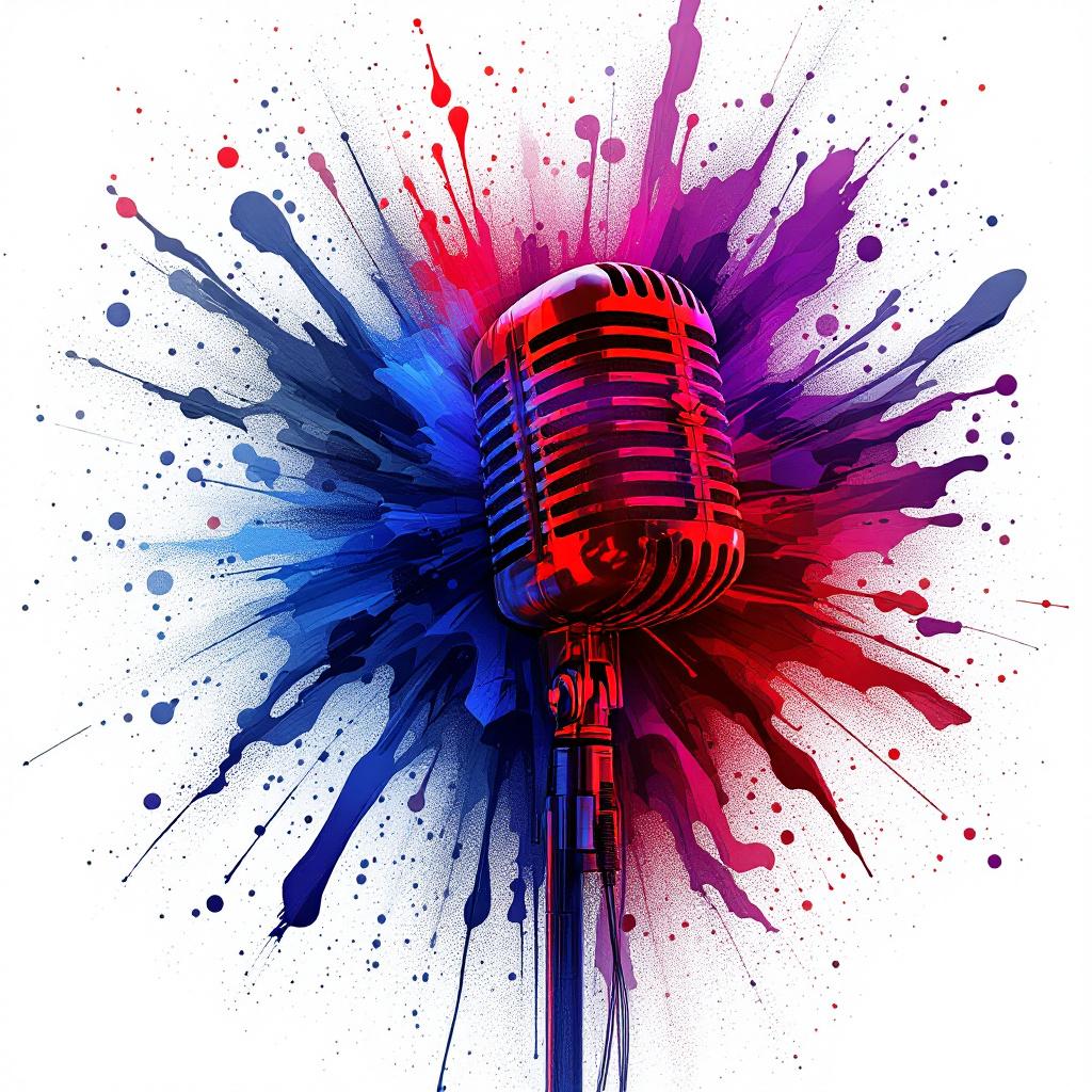 A vintage microphone is surrounded by a colorful splash of paint.