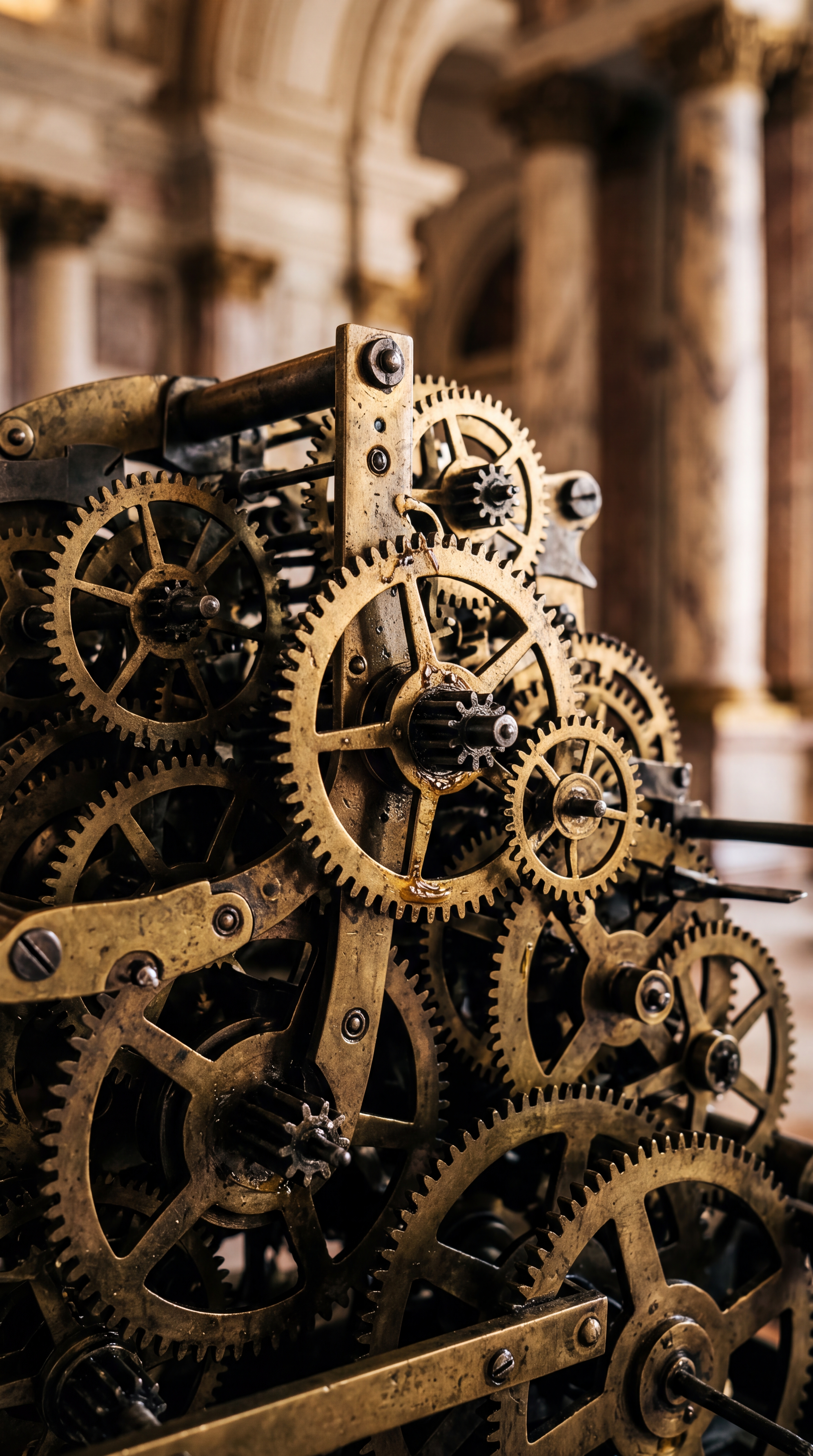 A close-up view of intricate brass gears and machinery.