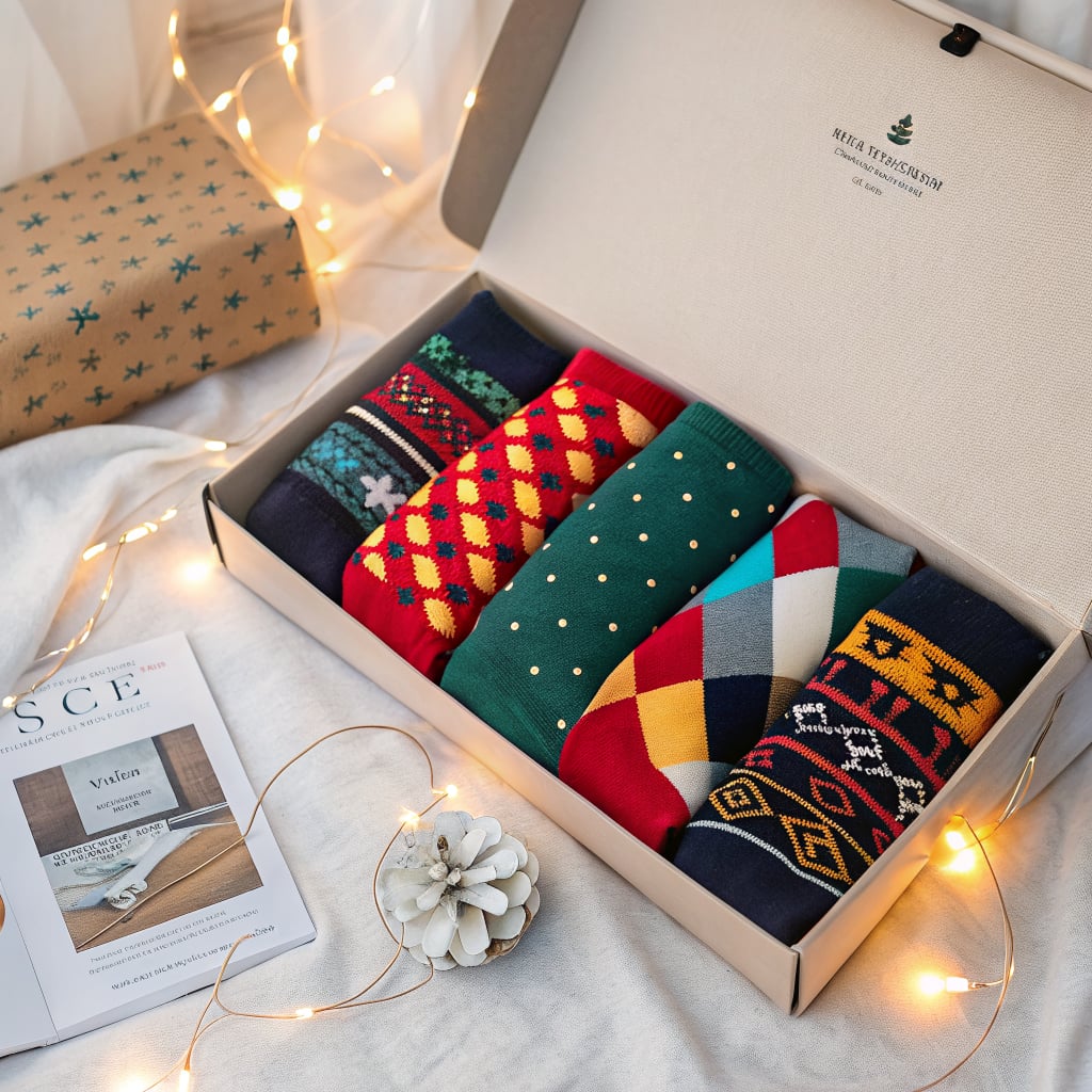 A box containing a variety of colorful socks arranged neatly, surrounded by festive decorations.