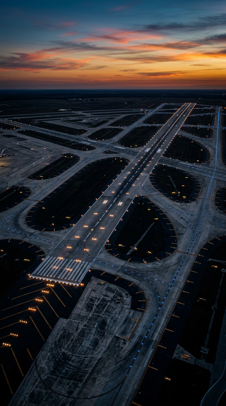An aerial view of an airport runway illuminated at dusk.