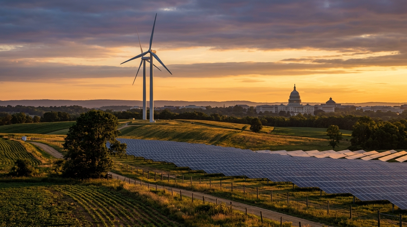 A landscape featuring a wind turbine, solar panels, and a government building at sunset.