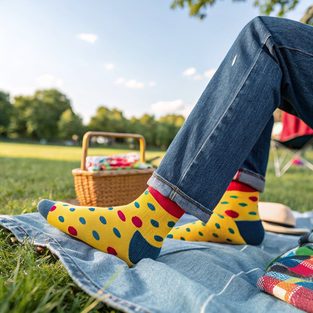 A person wearing colorful polka dot socks is sitting on a blanket in a park.