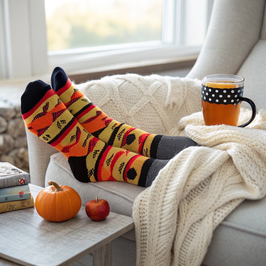 A cozy scene featuring a pair of colorful socks on a chair with a warm drink, a small pumpkin, and an apple.