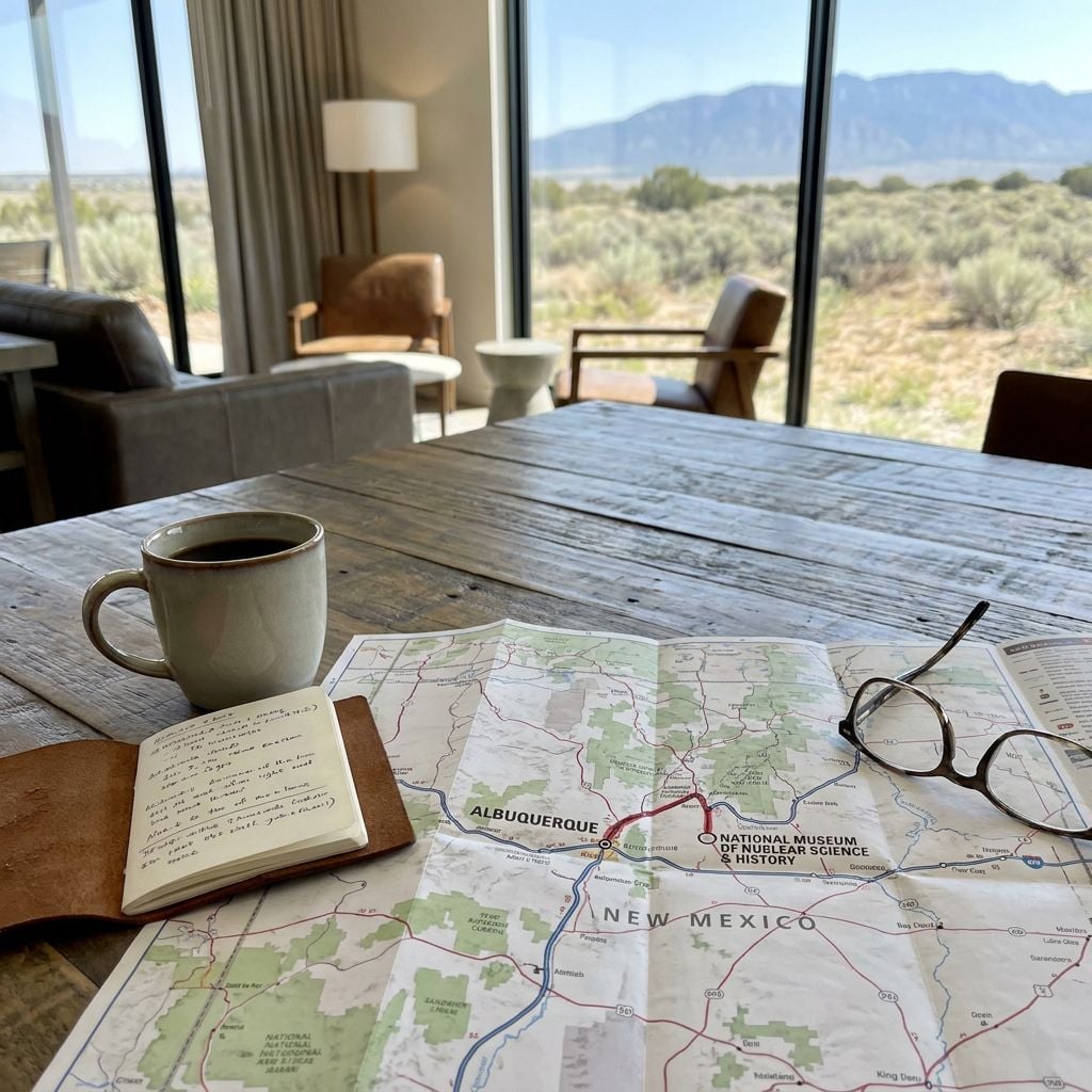 A coffee cup, notebook, and glasses are placed on a table with a map, overlooking a scenic view of mountains and desert vegetation.