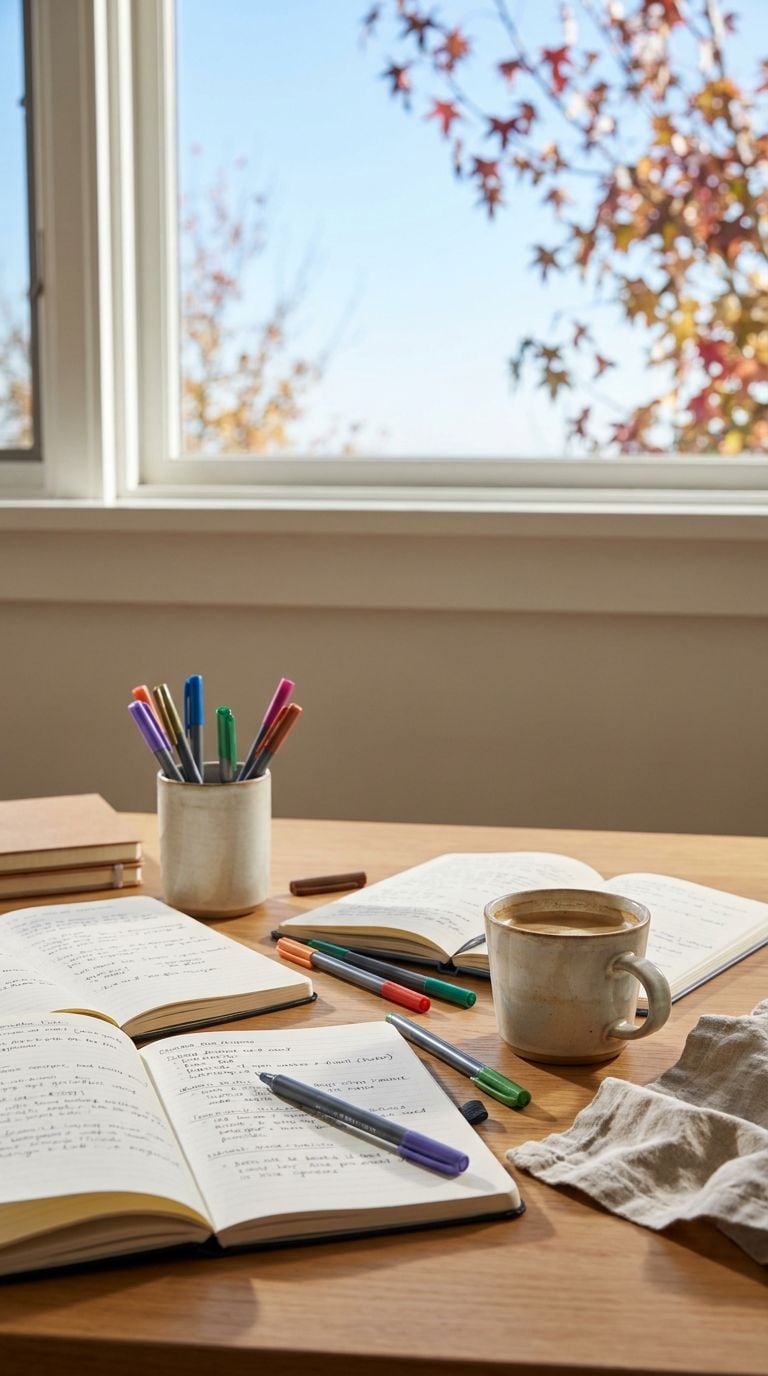 A cozy workspace featuring notebooks, pens, and a coffee cup with a view of autumn leaves outside.