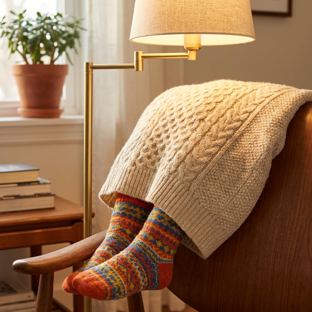 A cozy scene featuring a chair with a knitted blanket draped over it and a pair of colorful socks resting on the chair's arm.