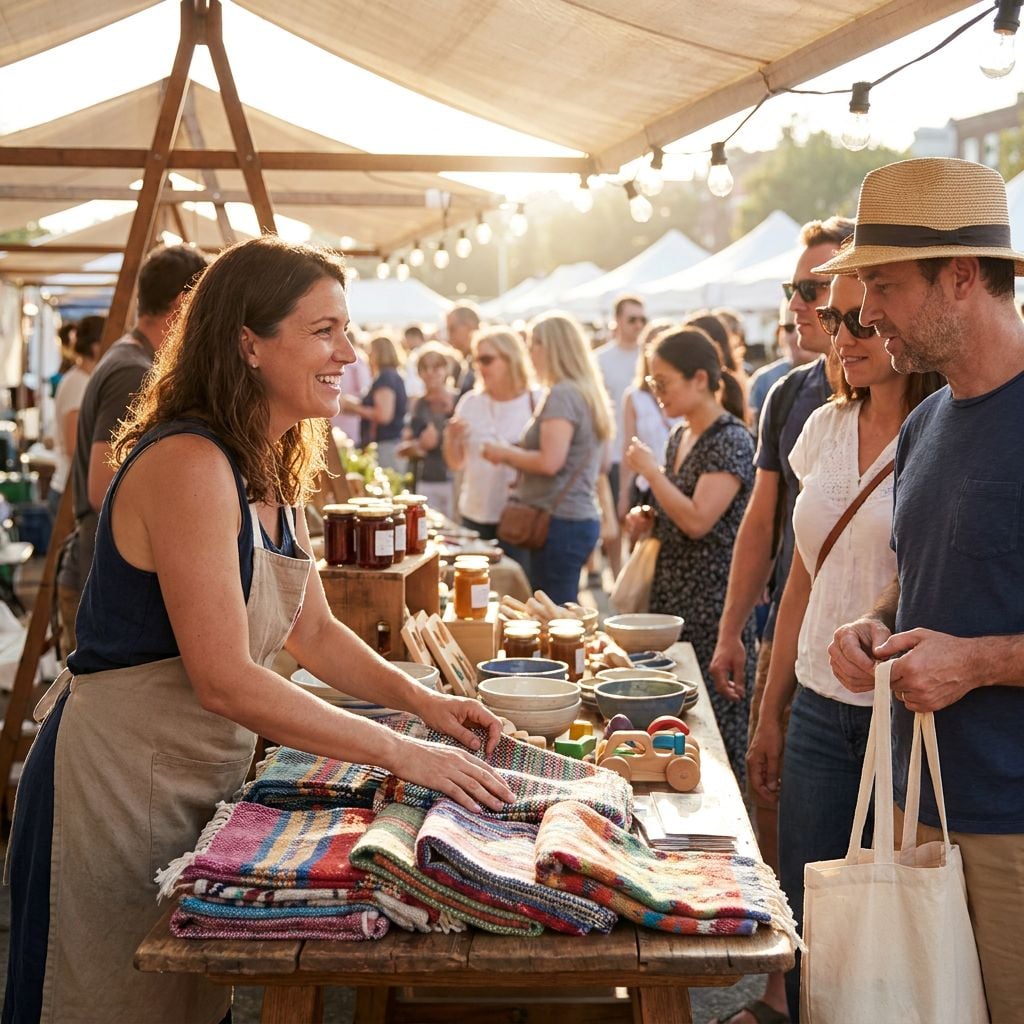 A woman sells handmade goods at a bustling outdoor market with many visitors.