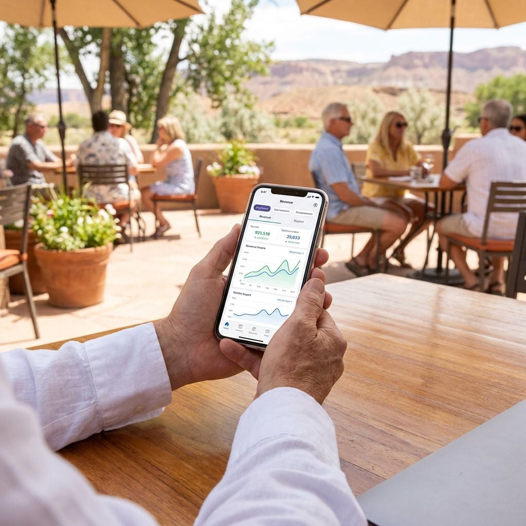 A person is holding a smartphone displaying financial data while seated at an outdoor café.