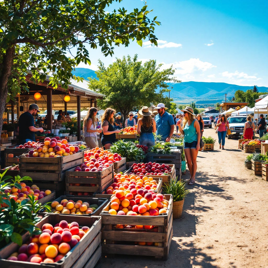 A vibrant farmers market with people shopping for fresh produce under a clear blue sky.