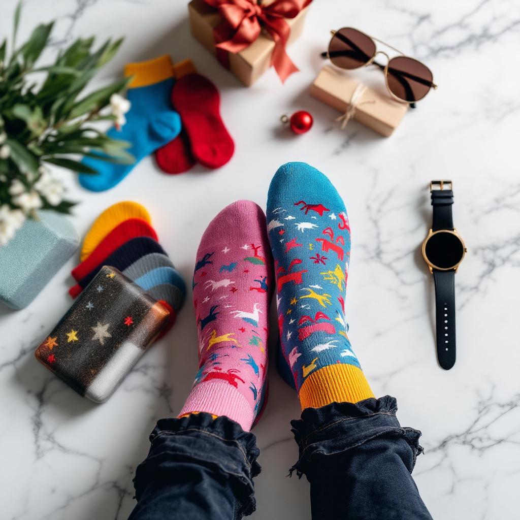 A pair of colorful socks is worn on feet surrounded by various holiday-themed items.