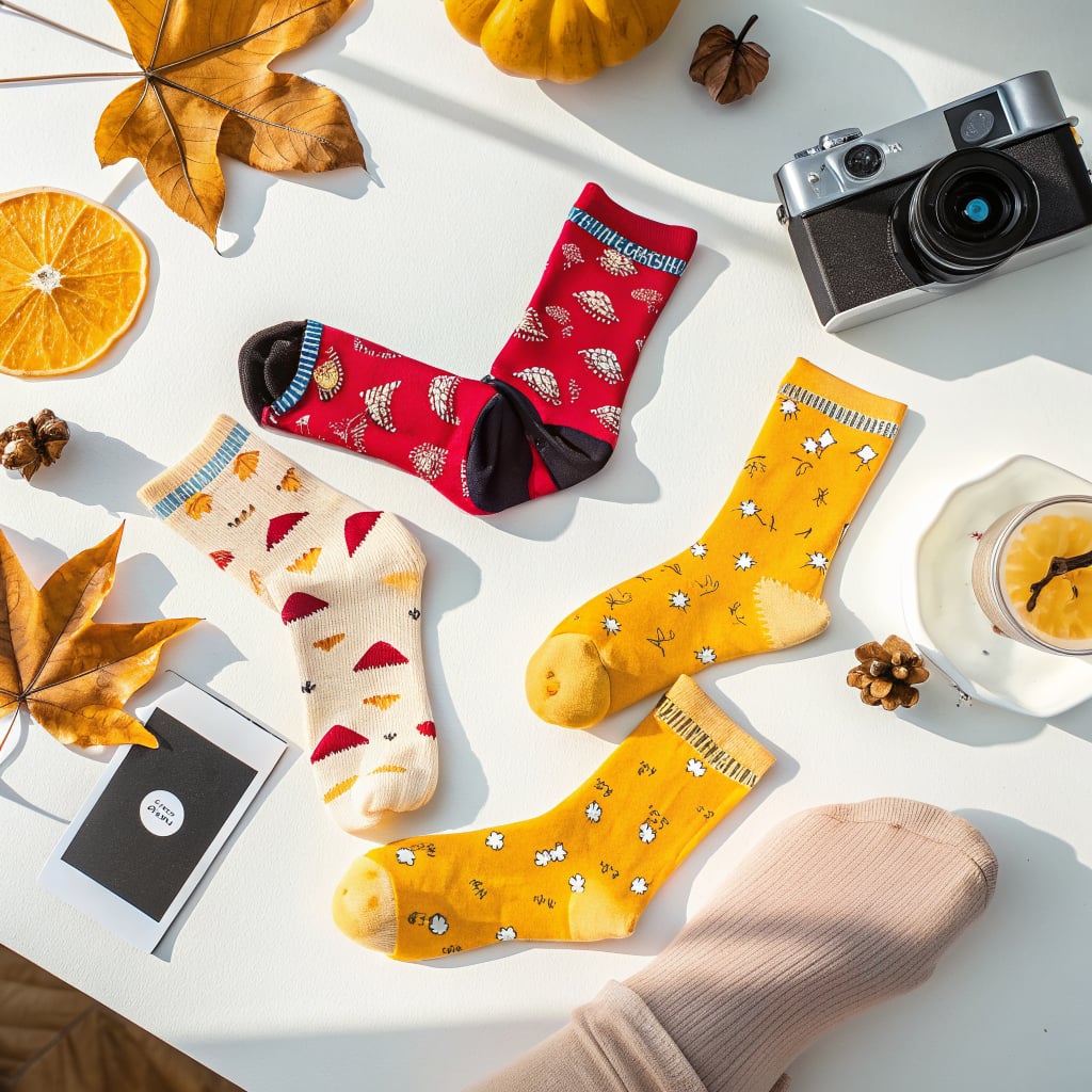 A flat lay of colorful socks, a camera, and autumn-themed items on a white surface.