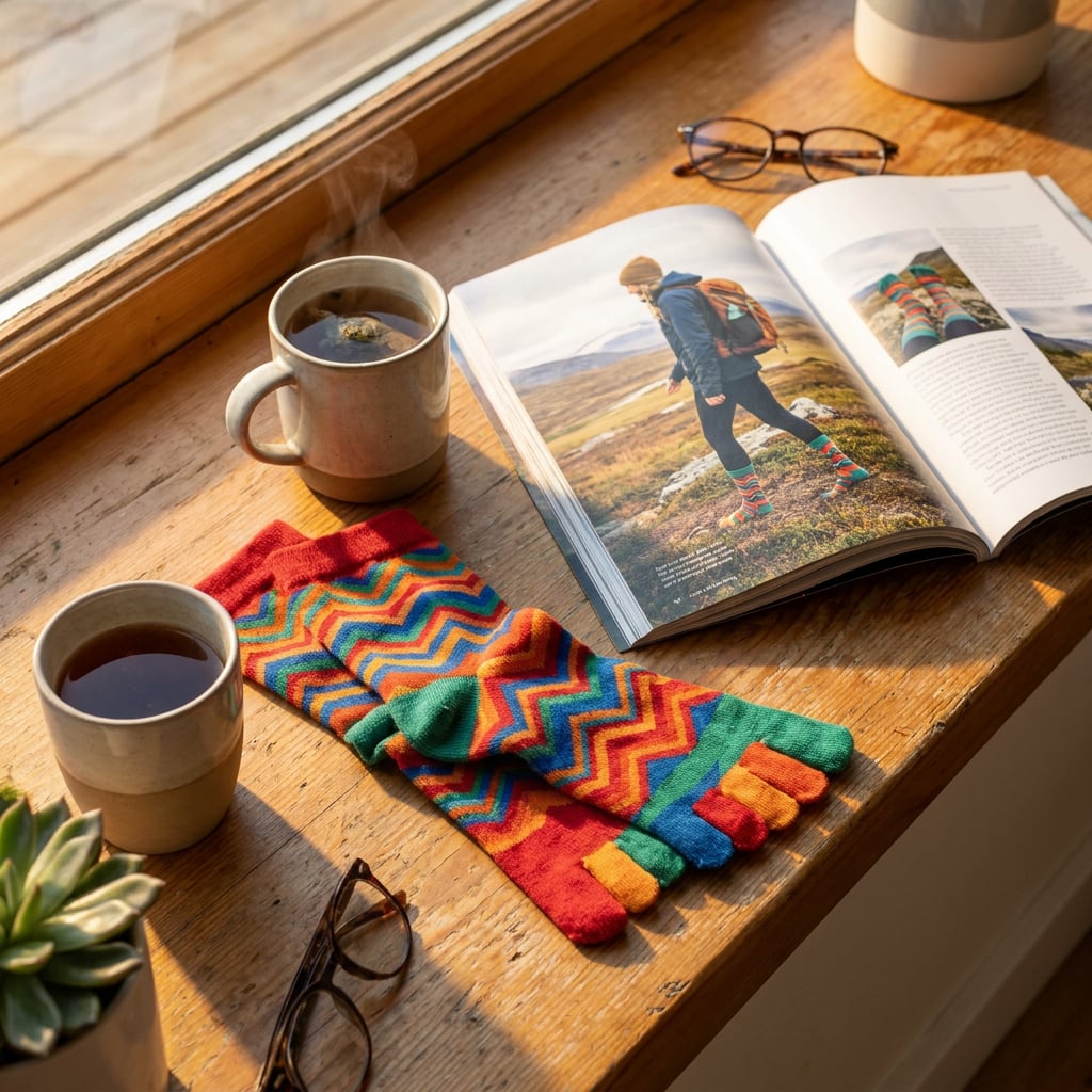 A cozy scene featuring colorful socks, mugs of tea, a magazine, and a plant on a wooden windowsill.