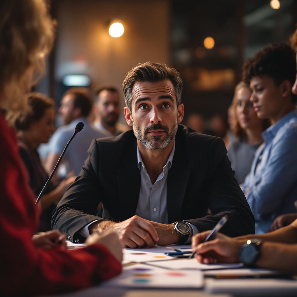 A man in a suit is sitting at a table during a meeting with other attendees in the background.
