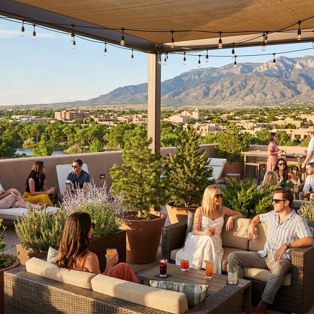 A rooftop gathering with people enjoying drinks and a scenic view of mountains and greenery.