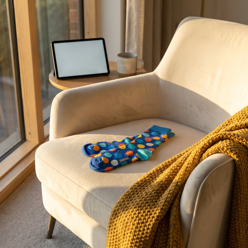 A pair of colorful socks is laid out on a cozy chair next to a tablet and a cup.