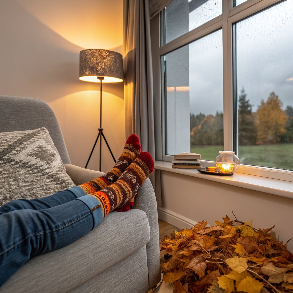 A person wearing cozy socks is relaxing on a sofa next to a window with a view of autumn foliage.