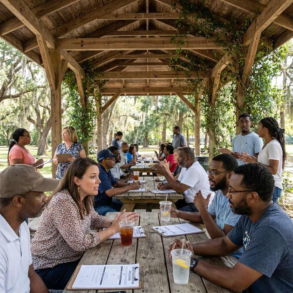 A group of people engaged in conversation at a picnic table under a wooden pavilion in a park.