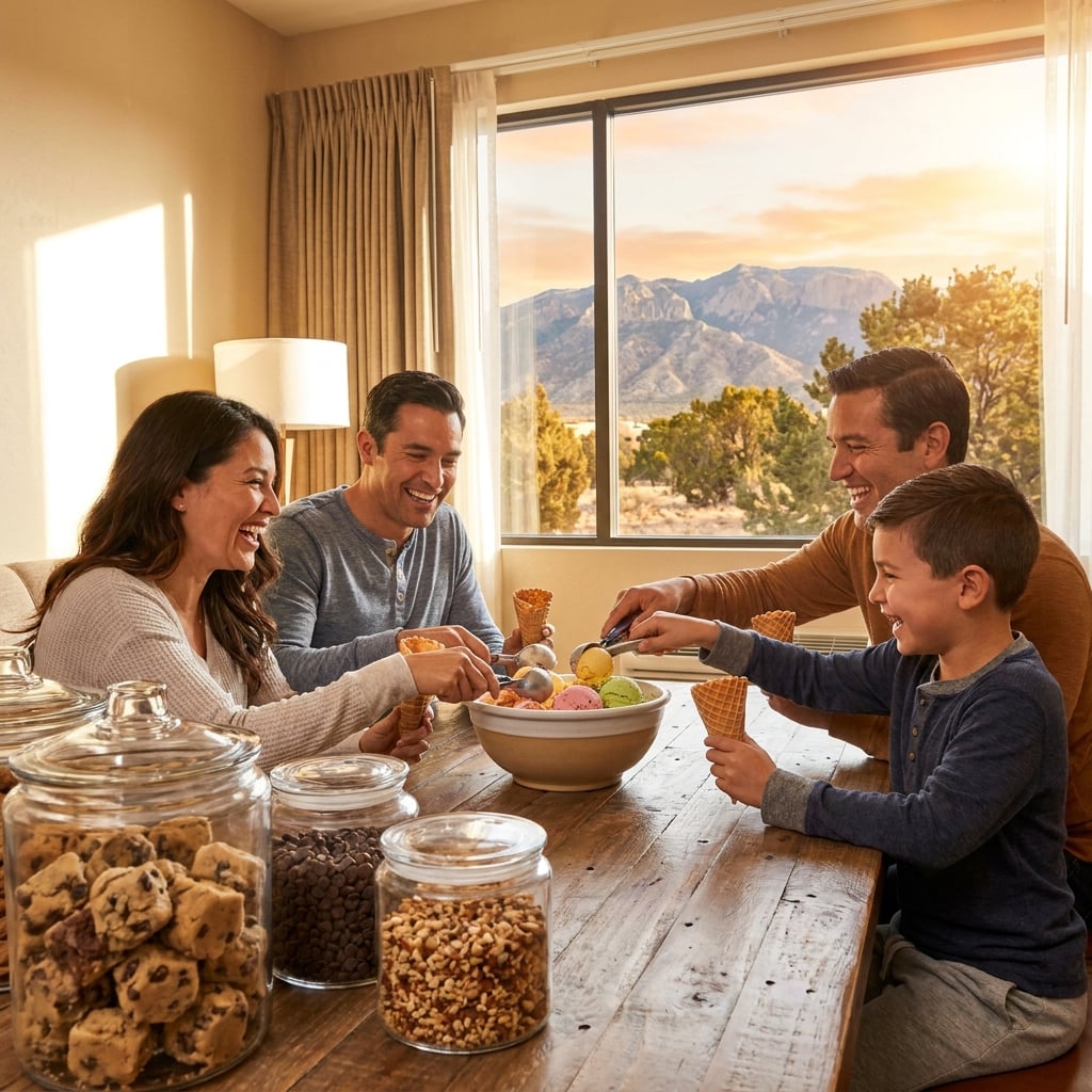 A family enjoys ice cream together at a table with a mountain view in the background.