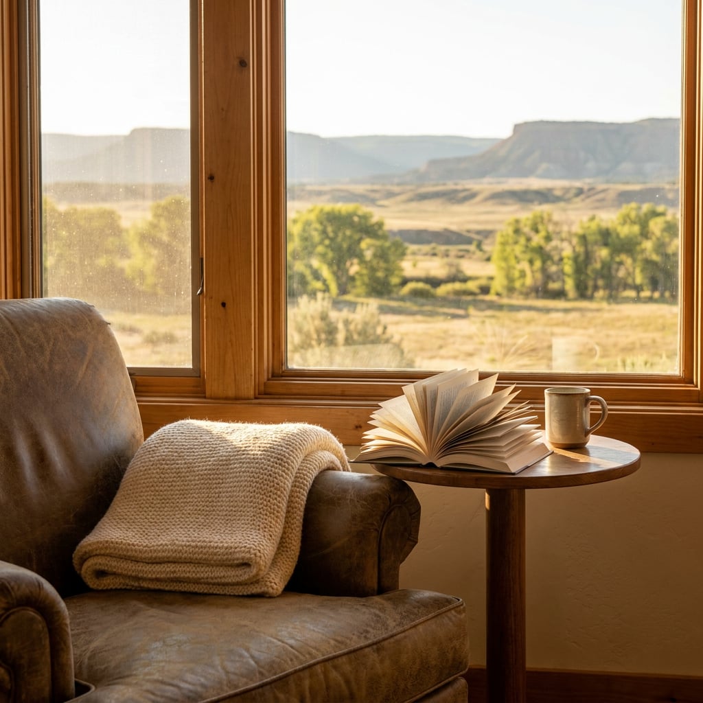 A cozy interior scene with a leather chair, a blanket, an open book, and a mug on a table by a window overlooking a scenic landscape.