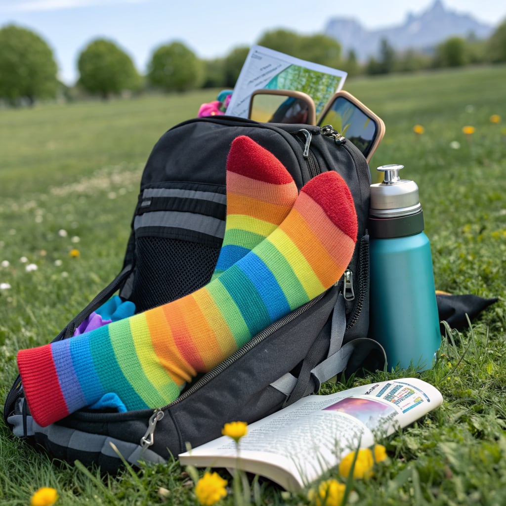 A backpack with rainbow socks, a water bottle, and a book is placed on grass with trees and mountains in the background.