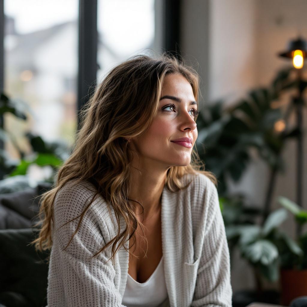 A young woman with long hair is sitting indoors, looking thoughtfully out of a window surrounded by plants.