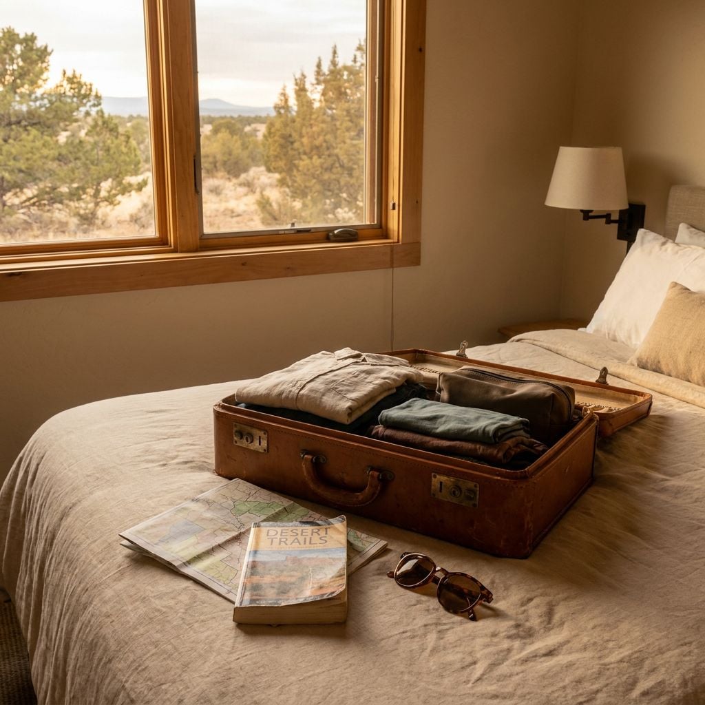 A suitcase is open on a bed with books and sunglasses nearby, set in a cozy room with a window view.