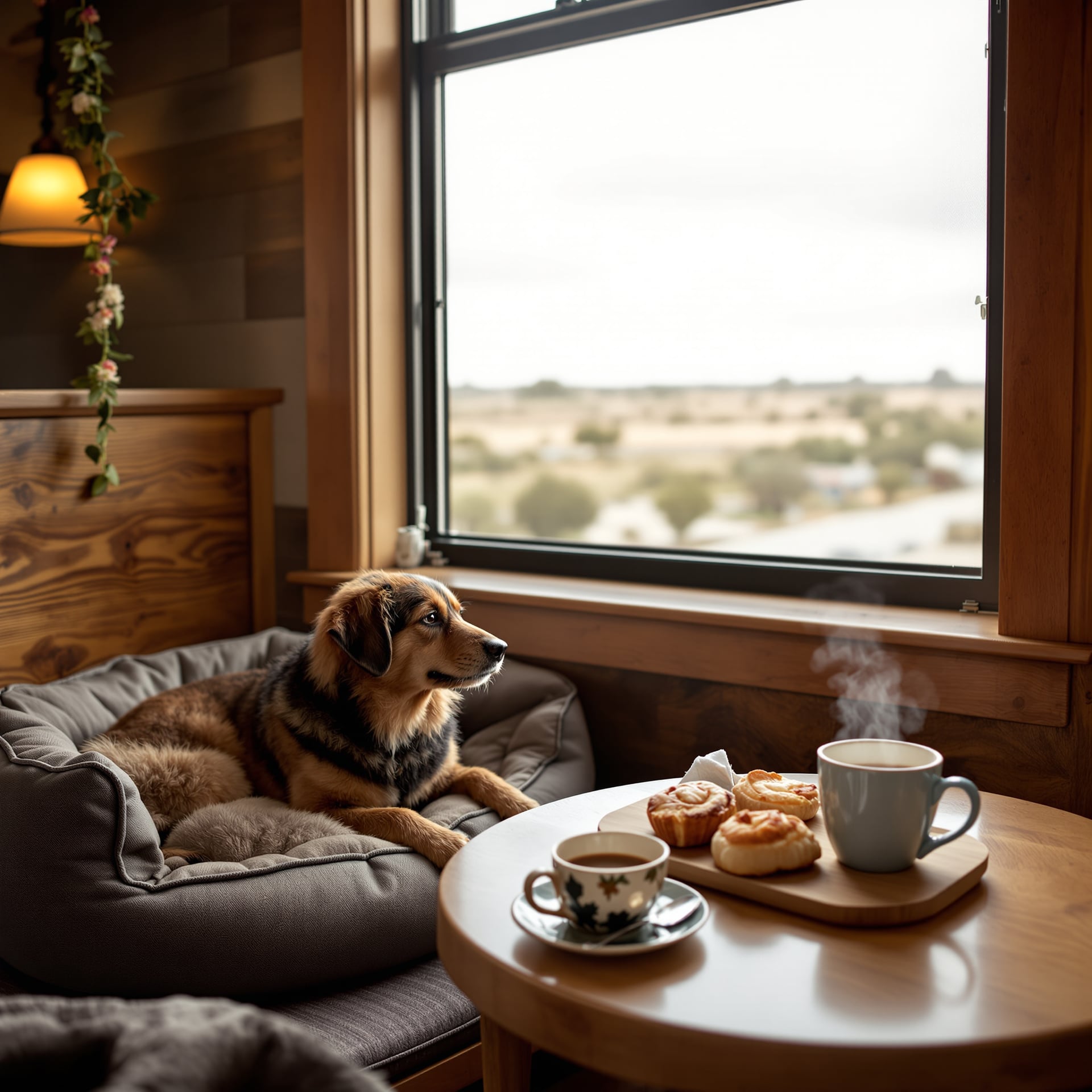 A dog sits in a cozy room by a window, looking outside while a table with coffee and pastries is nearby.