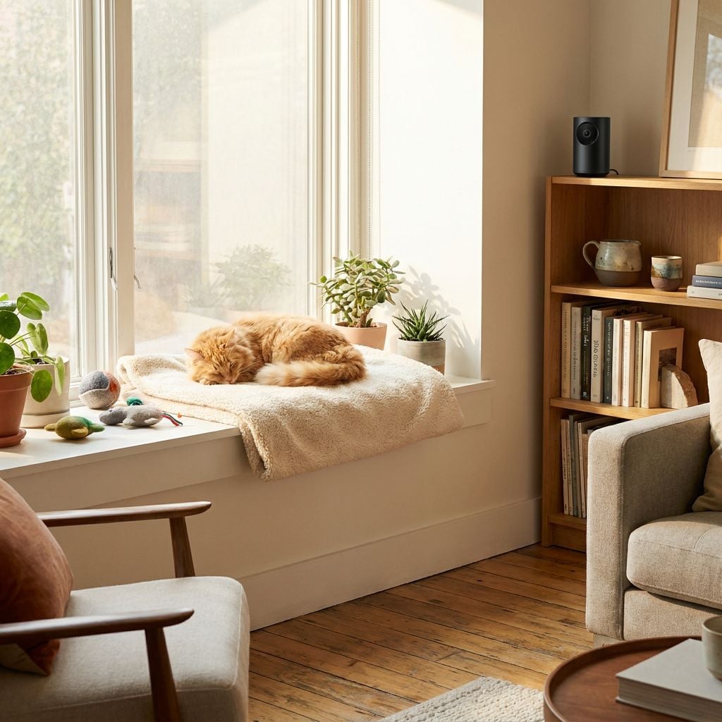 A cat is sleeping on a windowsill surrounded by plants and a cozy living room setting.