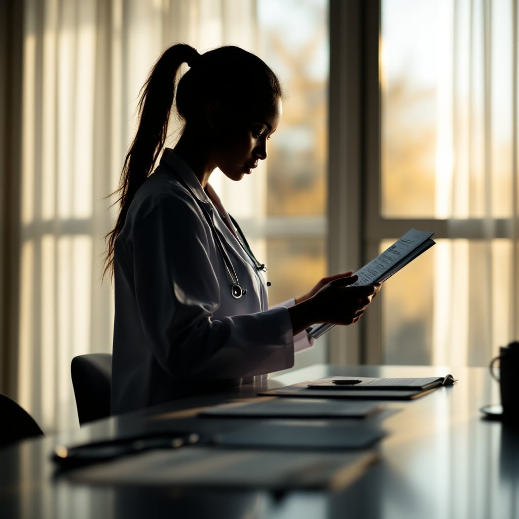 A silhouette of a woman in a medical coat reading a document in an office setting.