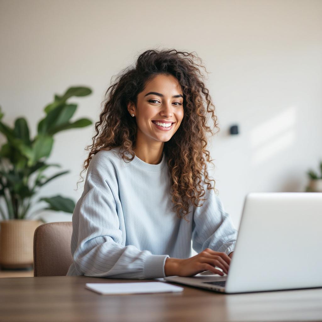 A young woman with curly hair is smiling while working on a laptop at a desk.