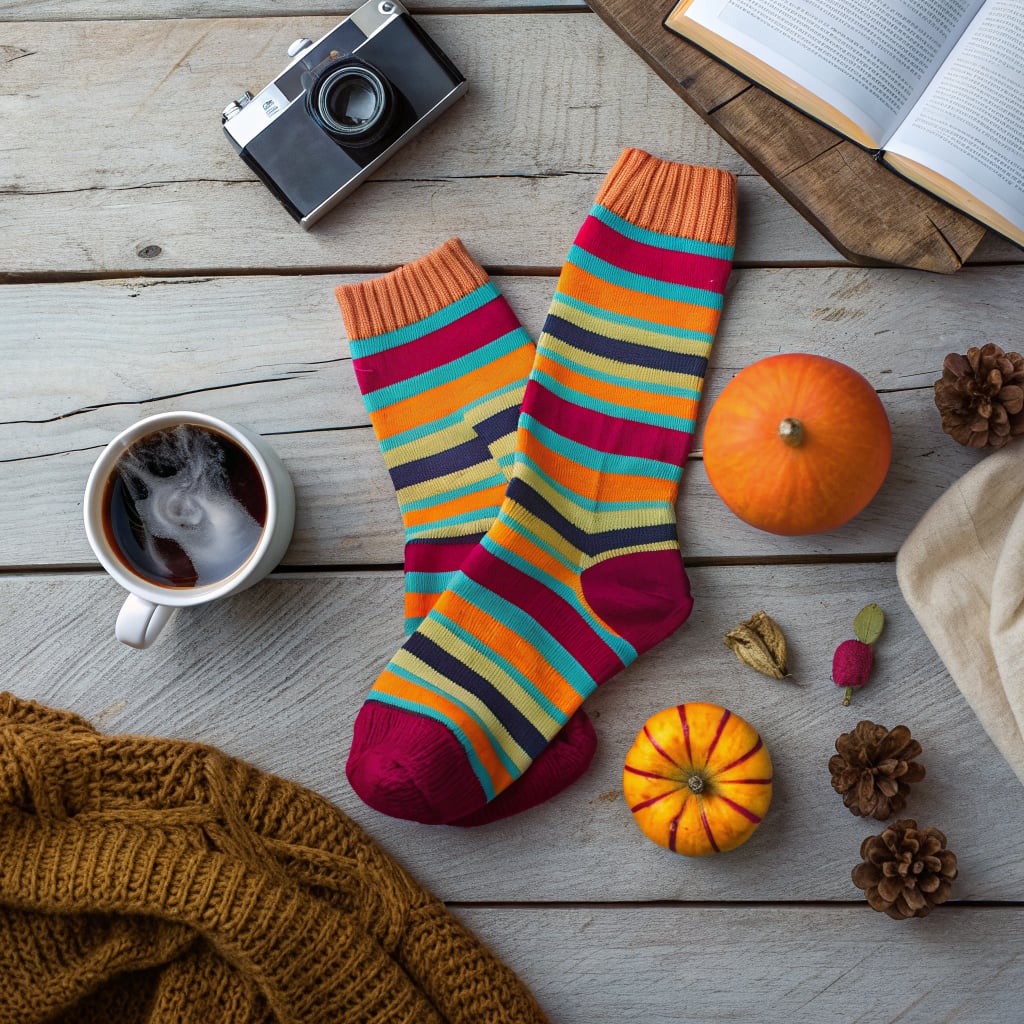 A flat lay arrangement featuring colorful striped socks, a camera, a cup of tea, a pumpkin, and a book on a wooden surface.