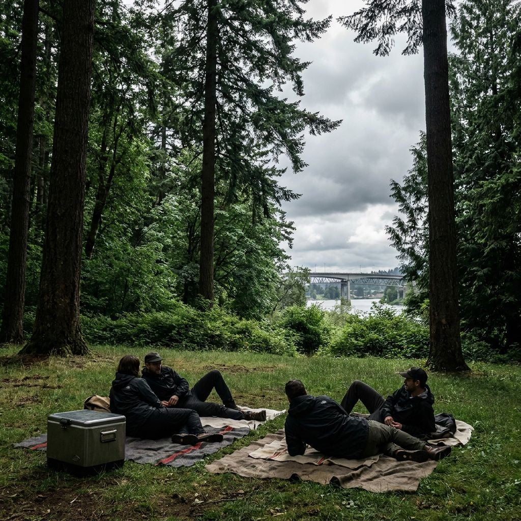 A group of people relaxing on blankets in a forested area with a view of a river and bridge in the background.