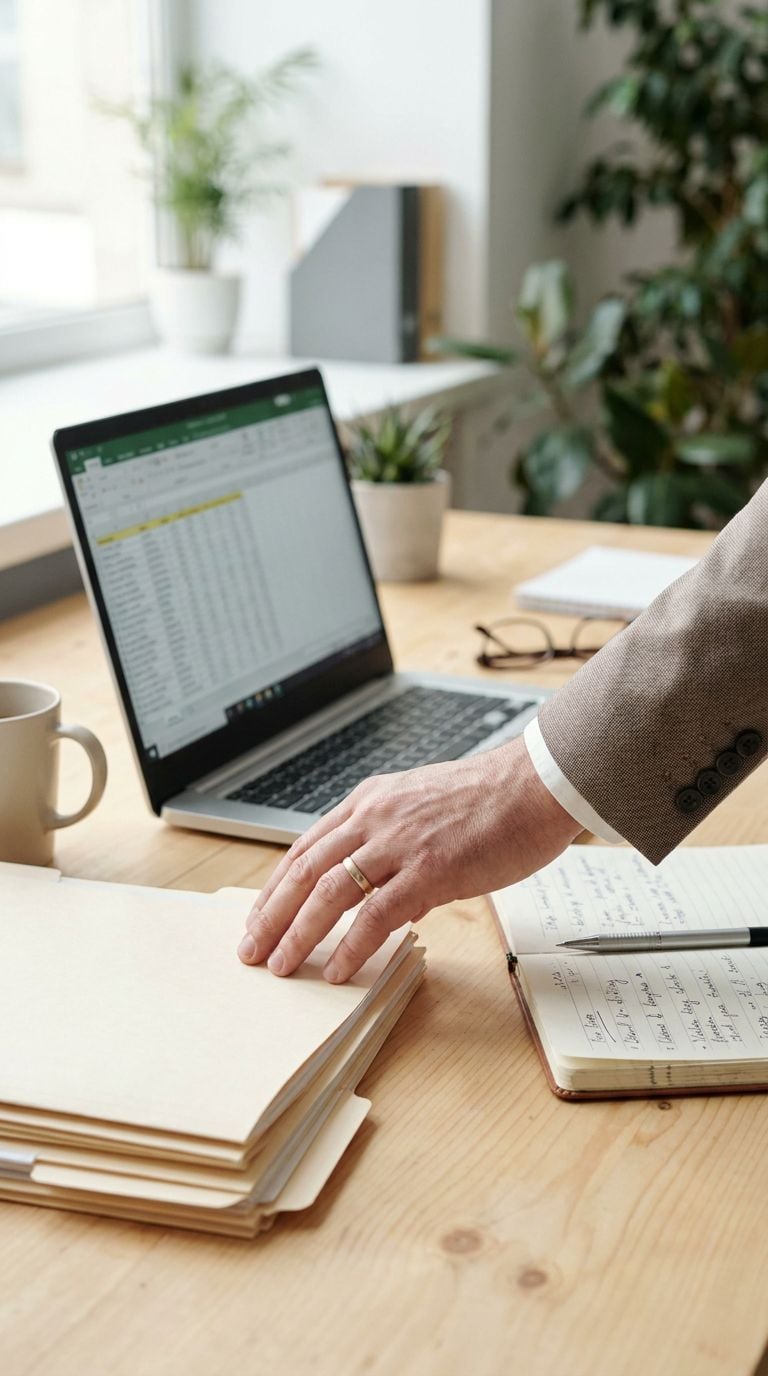 A person in a suit is reaching for a stack of folders on a wooden desk with a laptop and a notebook.