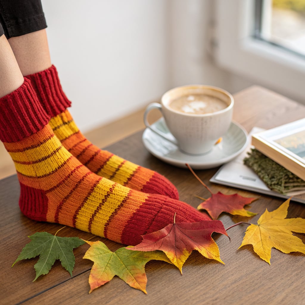 A pair of striped red and yellow socks is worn on feet resting on a wooden table with a cup of coffee and autumn leaves.