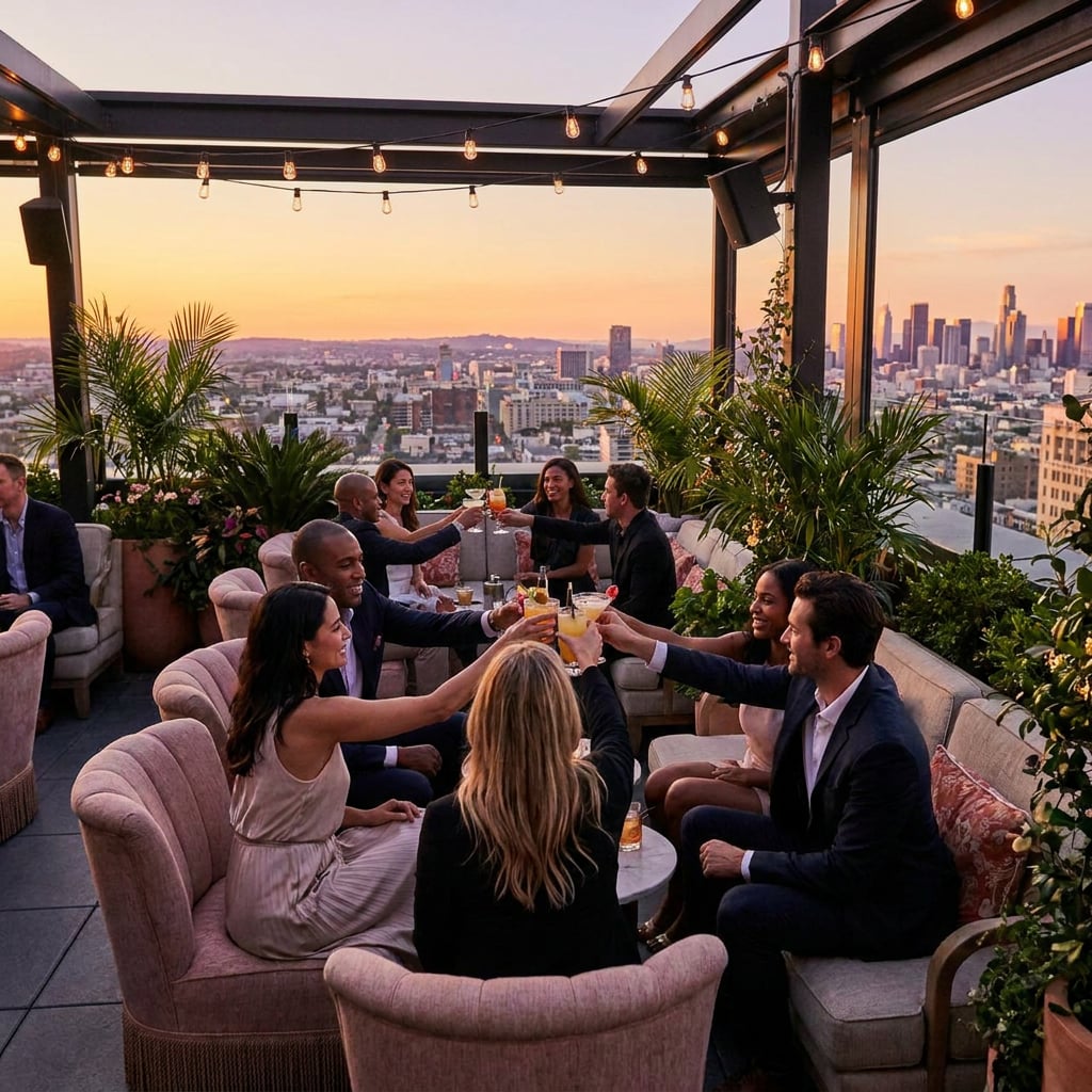 A group of people enjoying drinks on a rooftop terrace at sunset with a city skyline in the background.