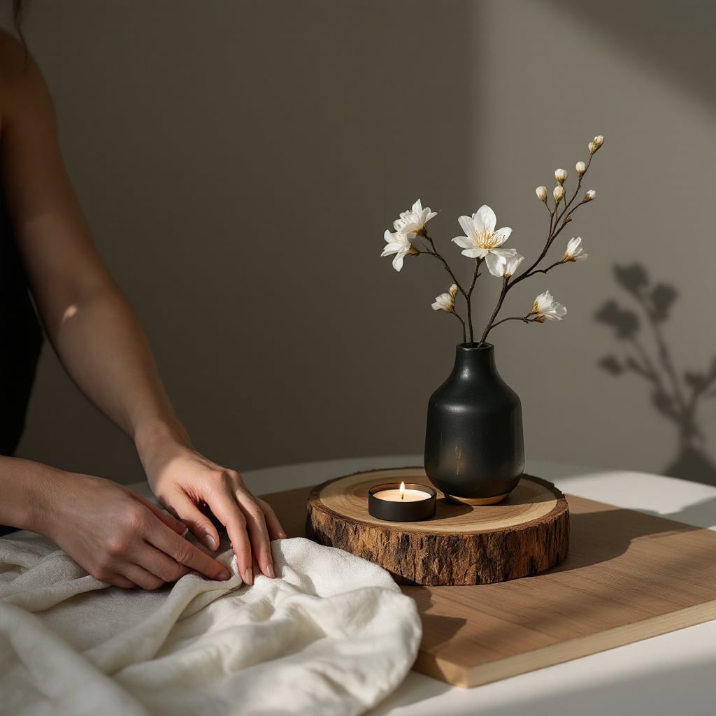 A person is arranging a white cloth next to a vase with flowers and a candle on a wooden surface.