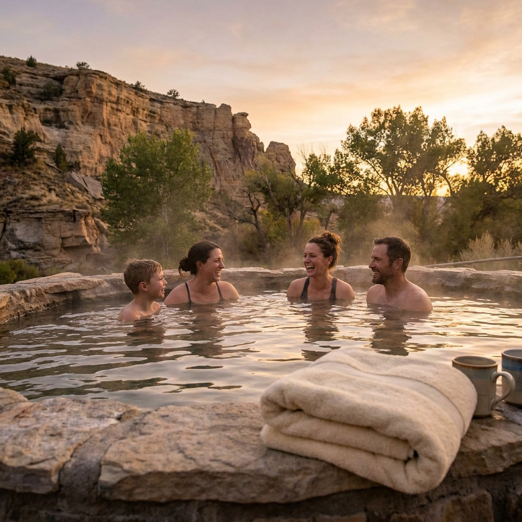 A family enjoys a relaxing soak in a hot spring at sunset.
