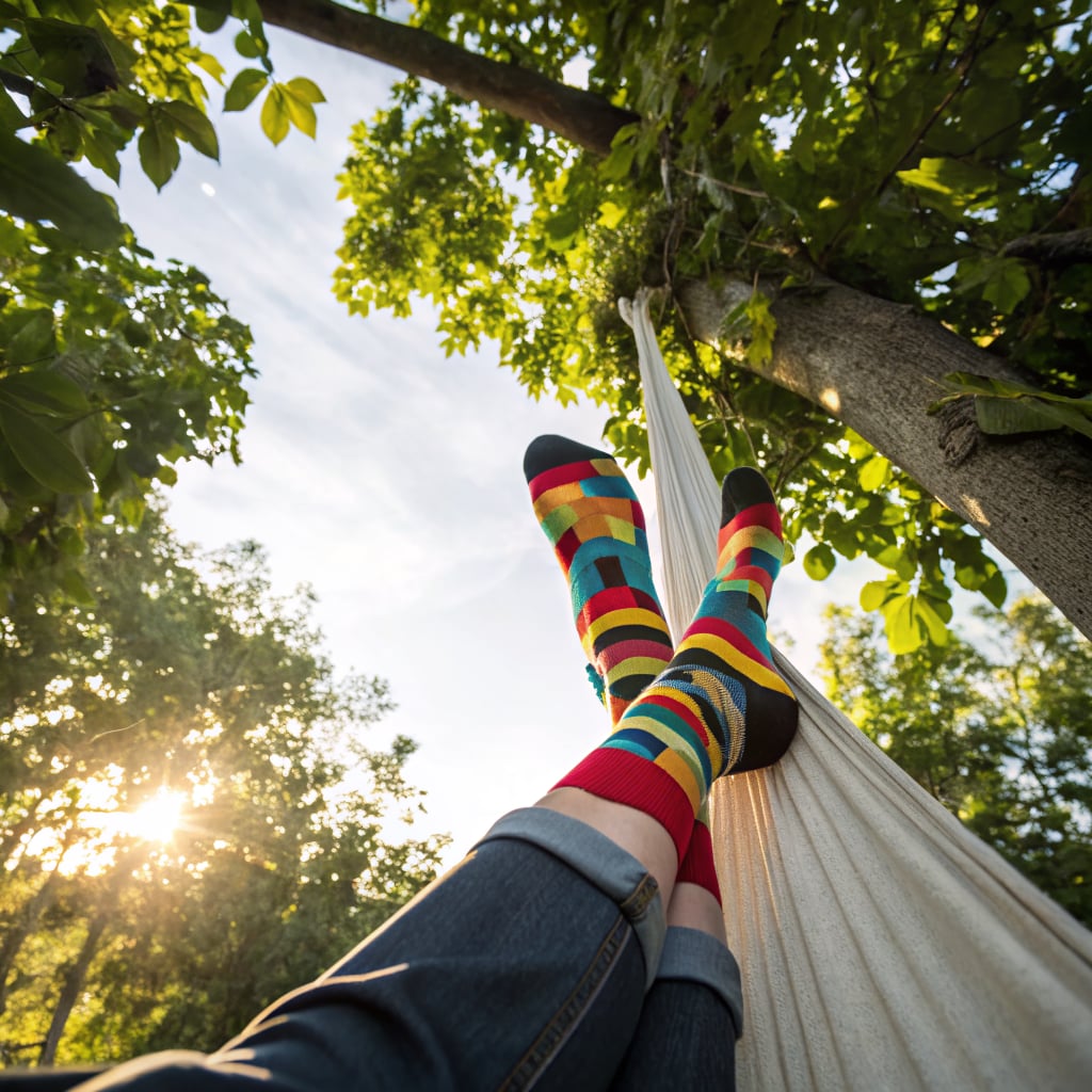 A person relaxing in a hammock with colorful socks under a tree.