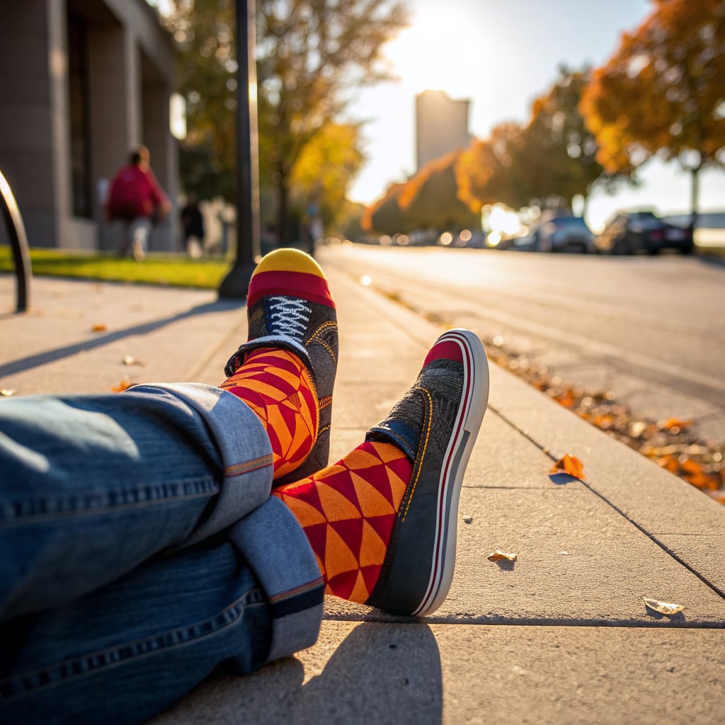 A person is sitting on a sidewalk with colorful shoes and socks, surrounded by autumn foliage.