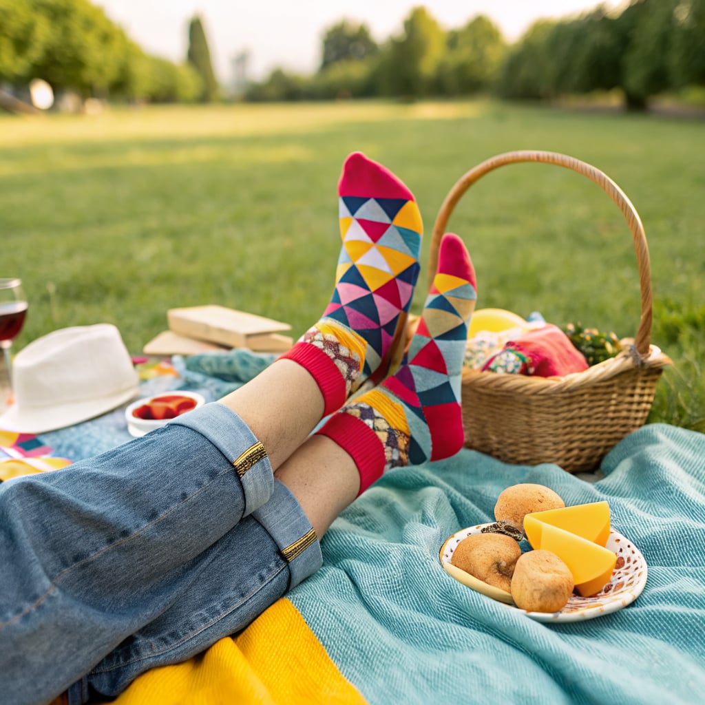A person is relaxing on a picnic blanket with colorful socks, surrounded by food and a picnic basket.