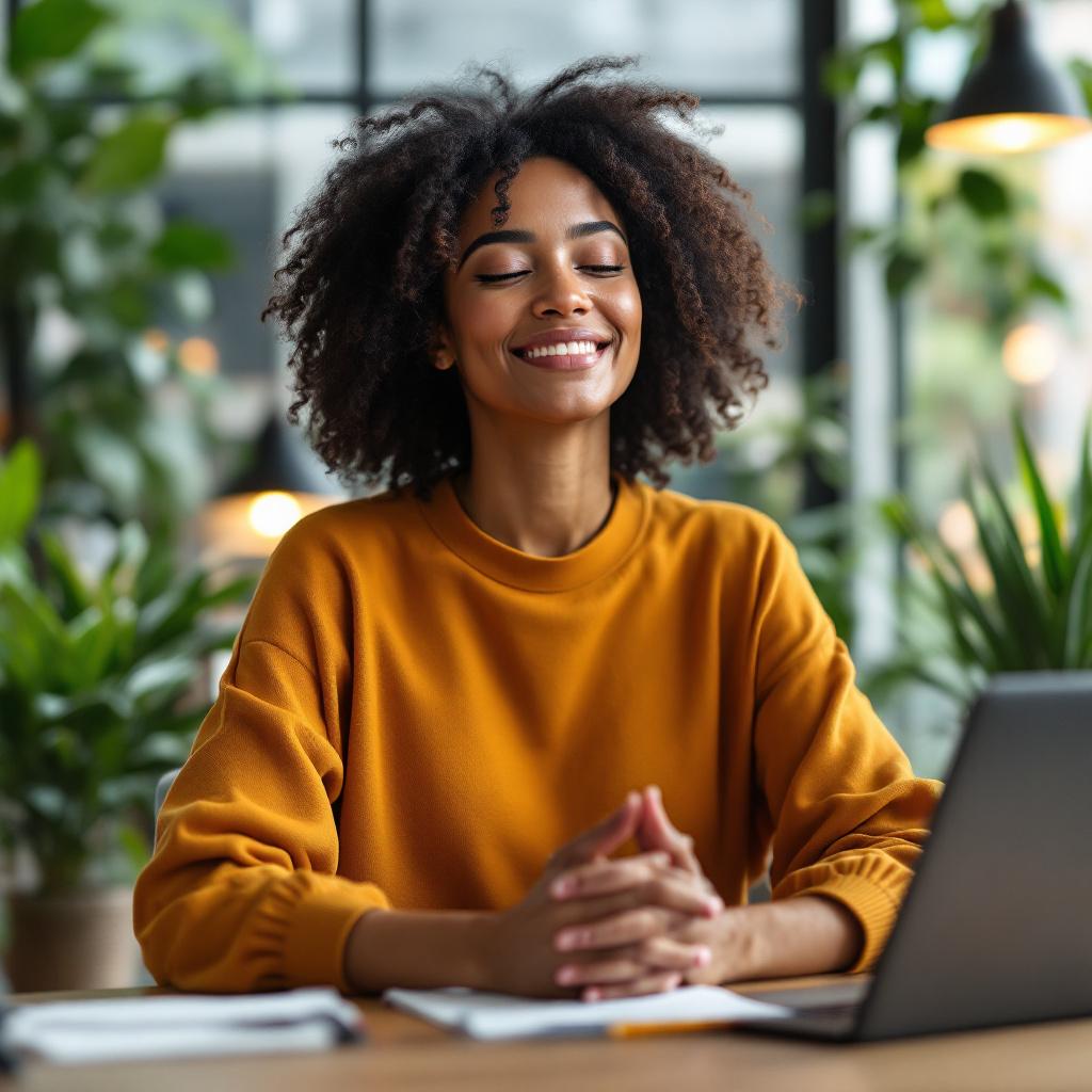 A woman with curly hair is sitting at a desk with a laptop, smiling contentedly in a plant-filled environment.