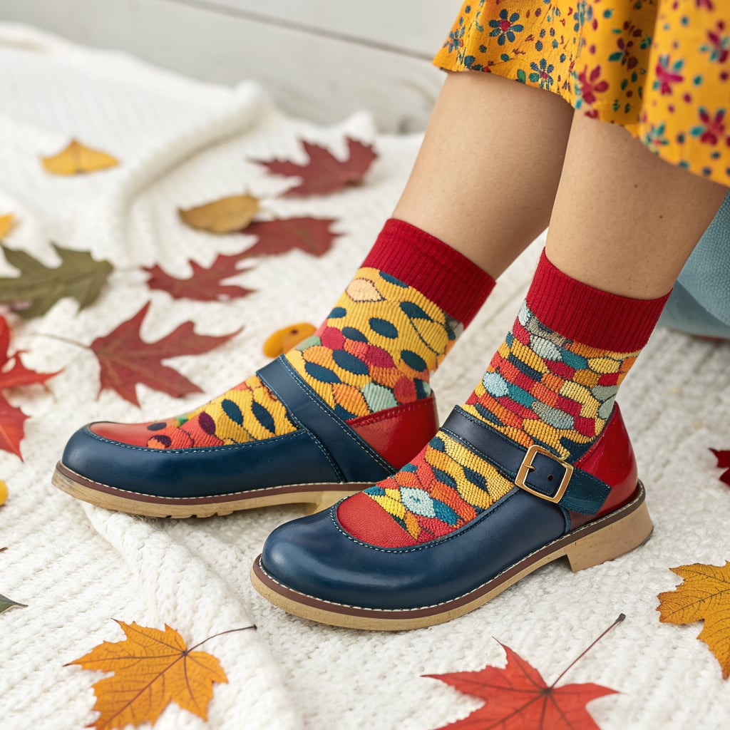 A person wearing colorful socks and shoes is sitting on a blanket surrounded by autumn leaves.