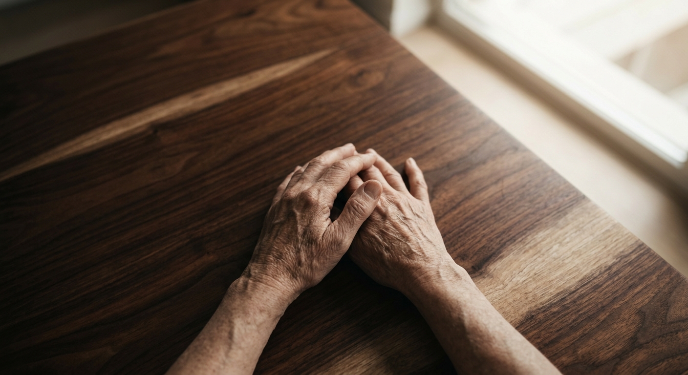 Two hands resting on a wooden table.